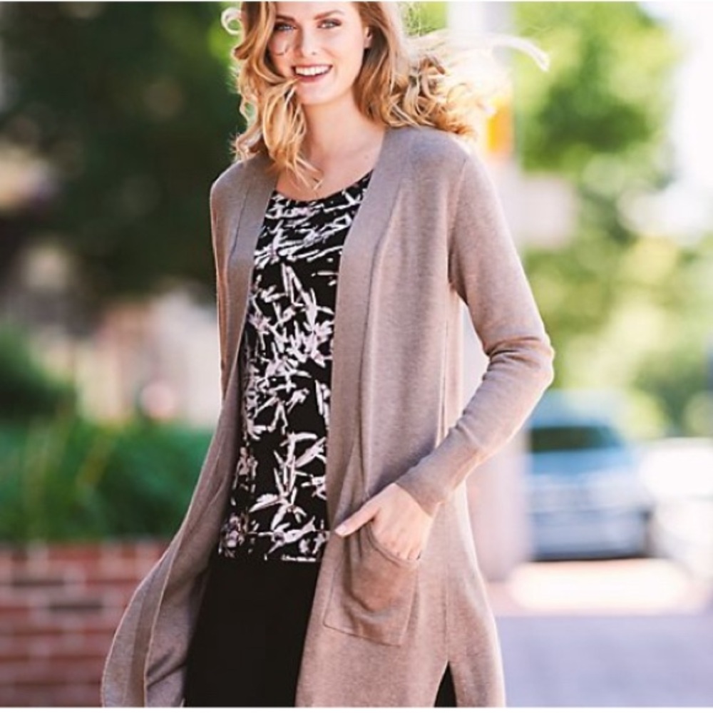 H by Halston Open Front High Low Duster Cardigan Long Sleeve Heather Iron Taupe - Picture 2 of 13